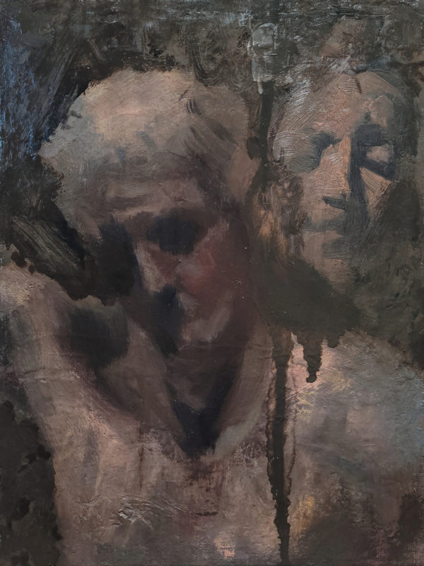 Oil painting on canvas by Pierre HALE of two faces.